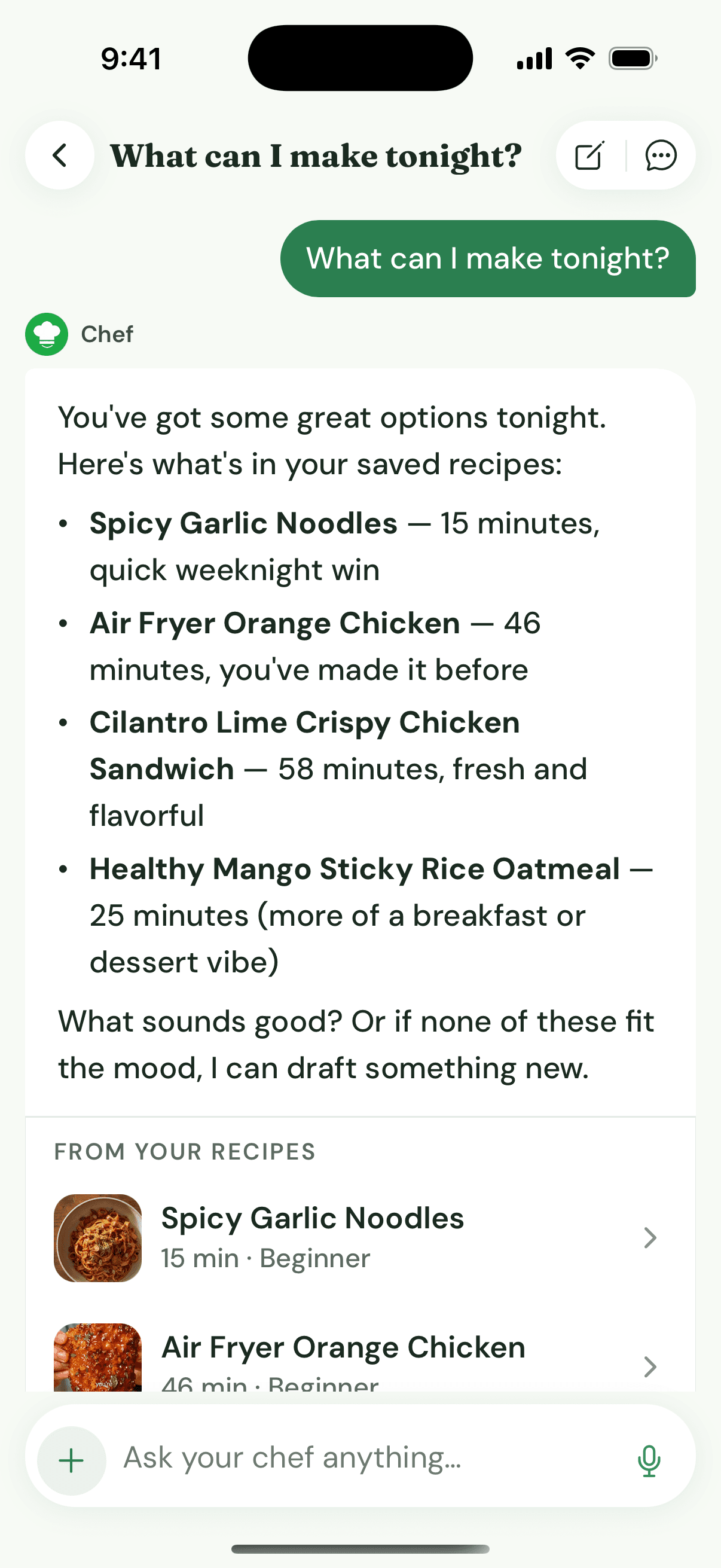 Chef chat answering 'What can I make tonight?' with recipe cards from your library