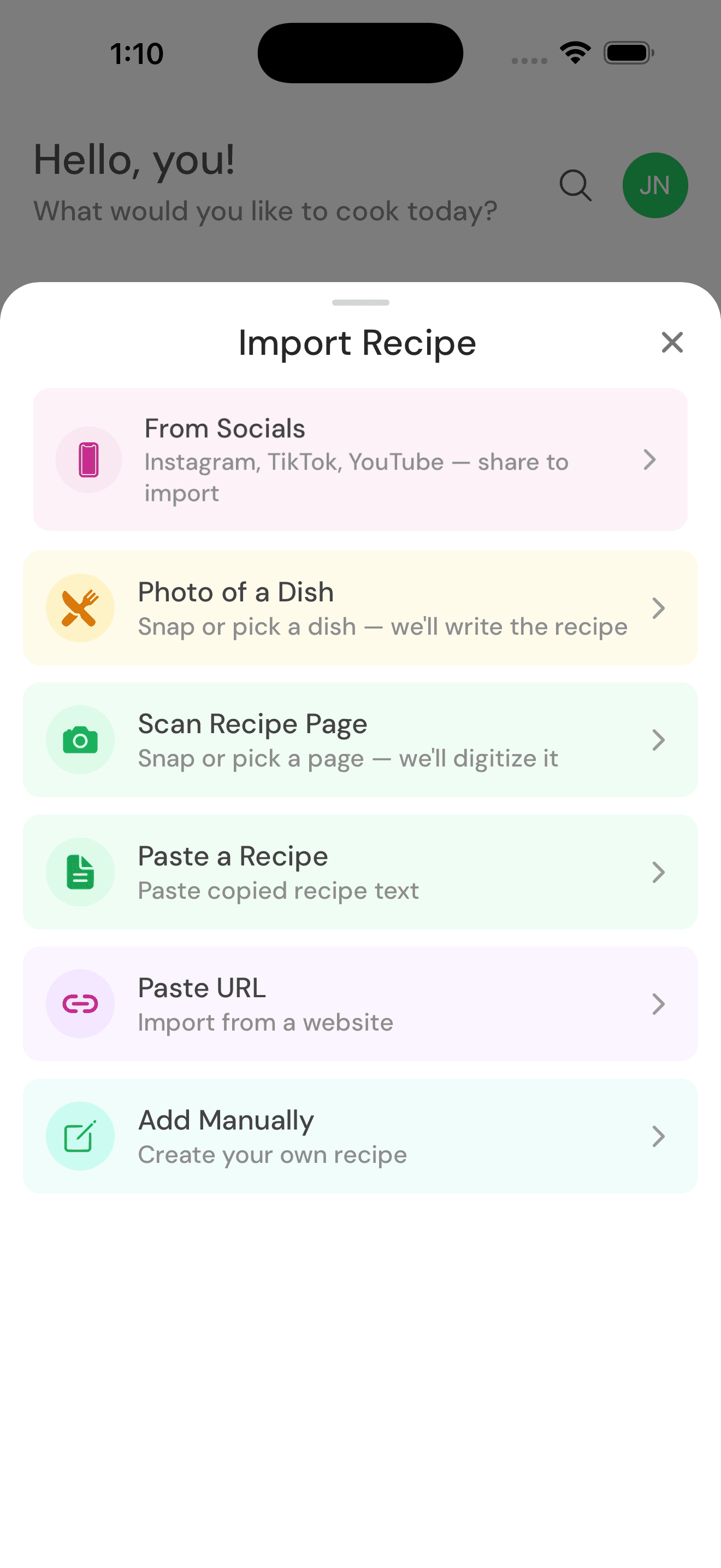 Import recipe sheet showing sources: socials, photo of dish, scan page, paste, URL, manual