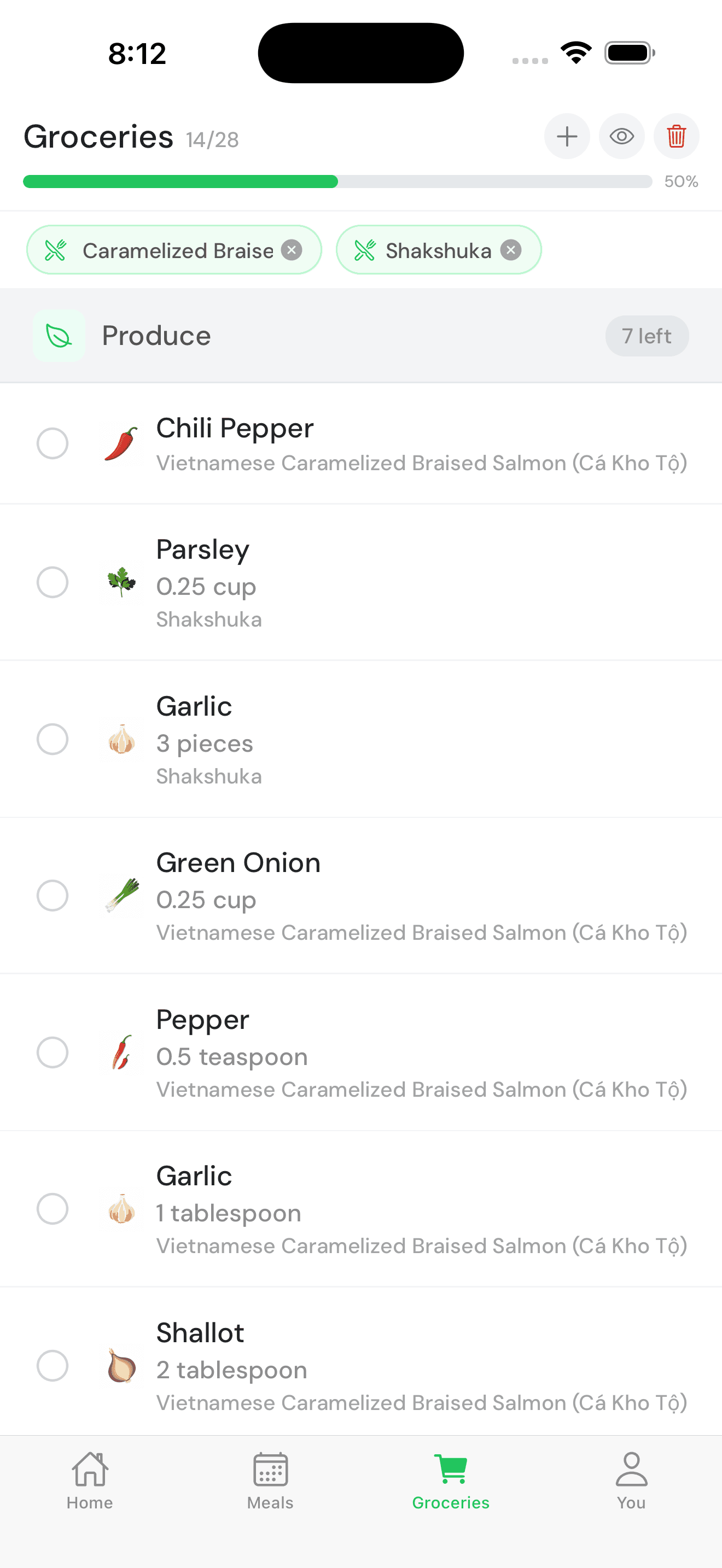 Grocery list organized by aisle with progress bar and recipe chips
