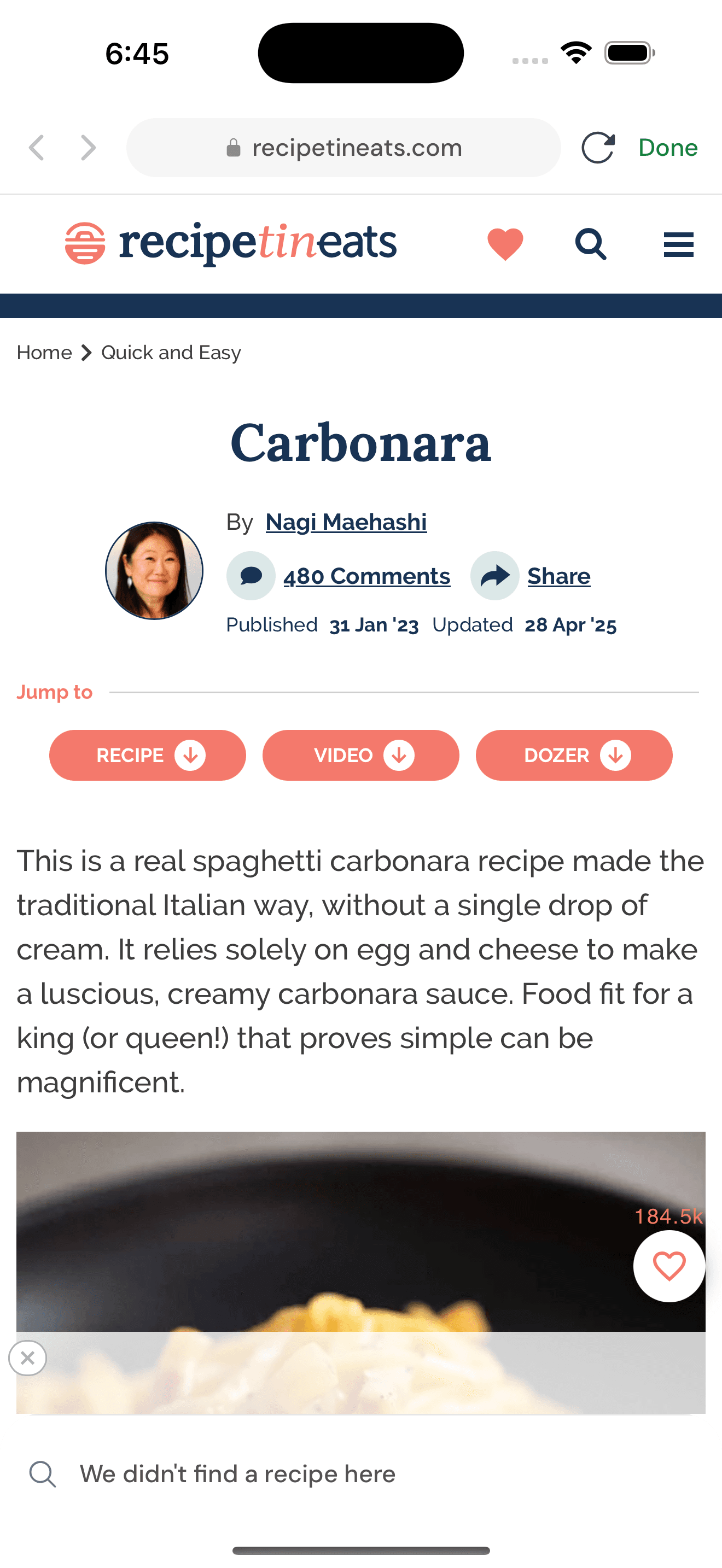 Built-in browser on a recipe site with a Save recipe button