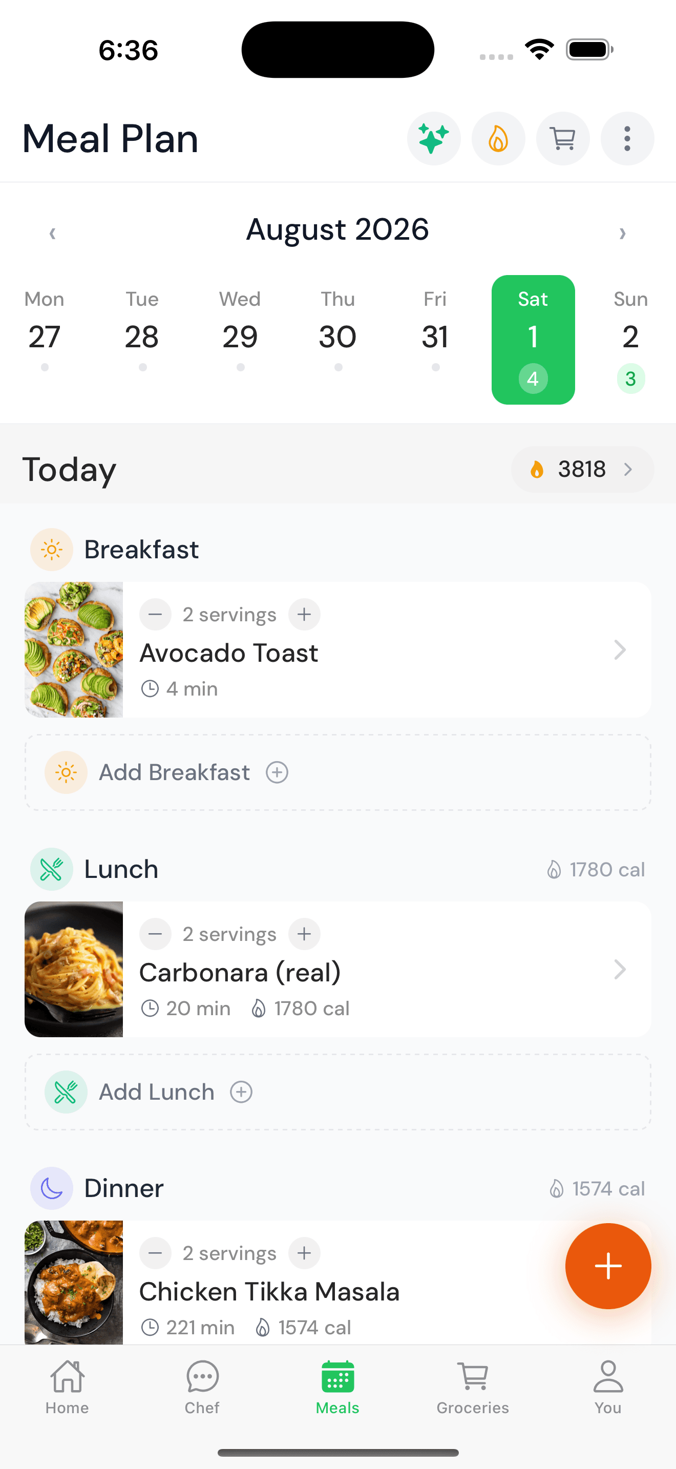 Meal plan week view with daily calories and breakfast, lunch, dinner cards