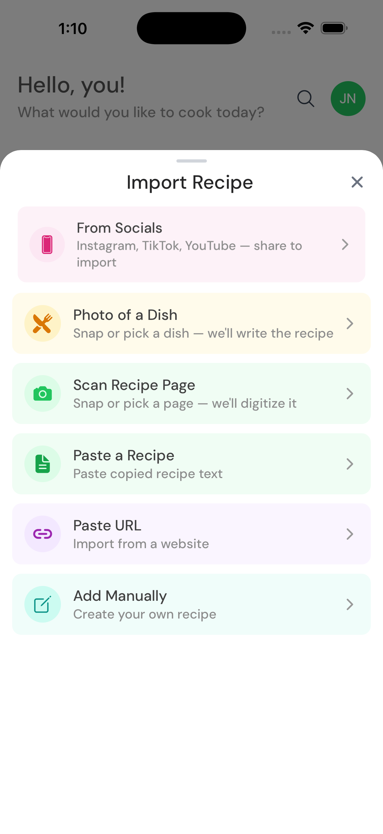 Import recipe sheet showing sources: socials, photo of dish, scan page, paste, URL, manual