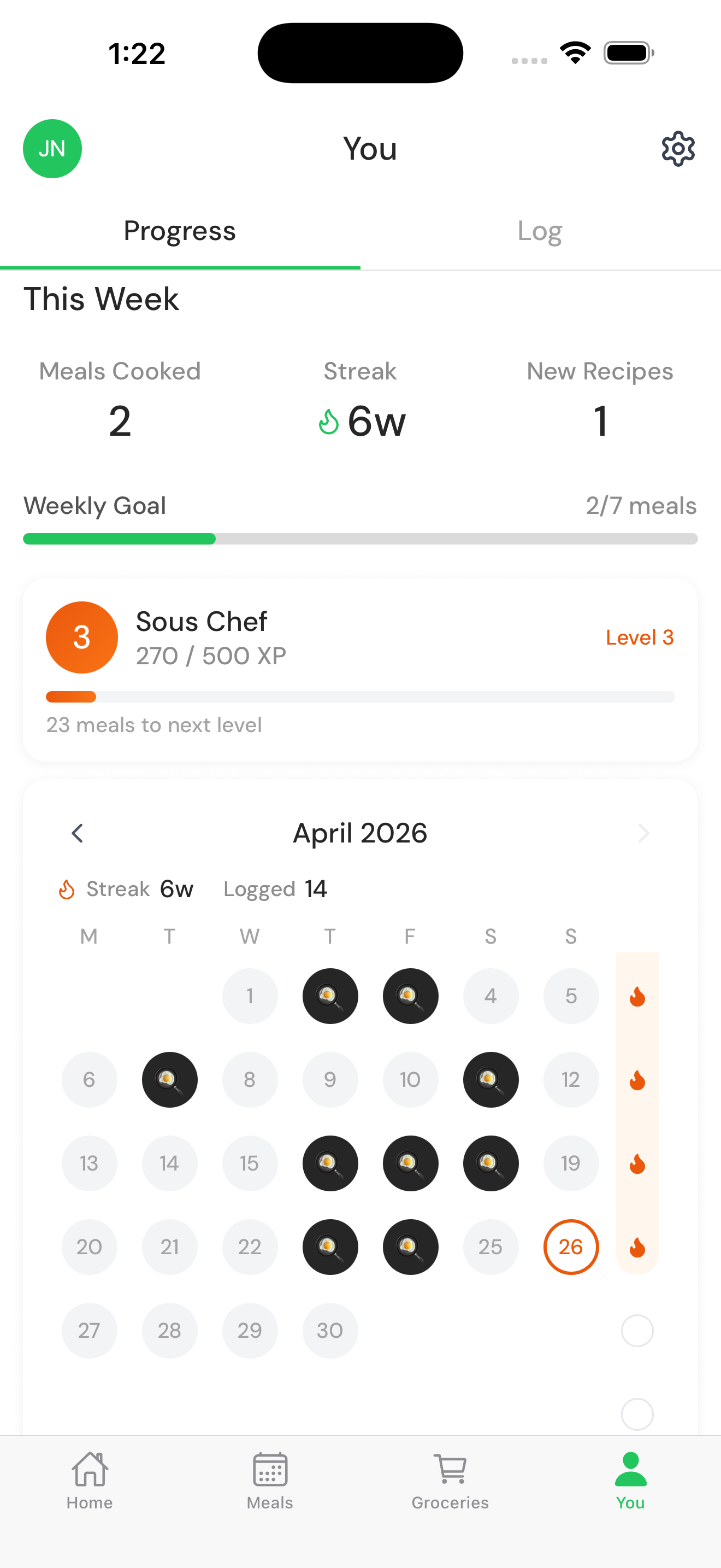 You / Progress tab — XP level, streak, monthly cooking calendar